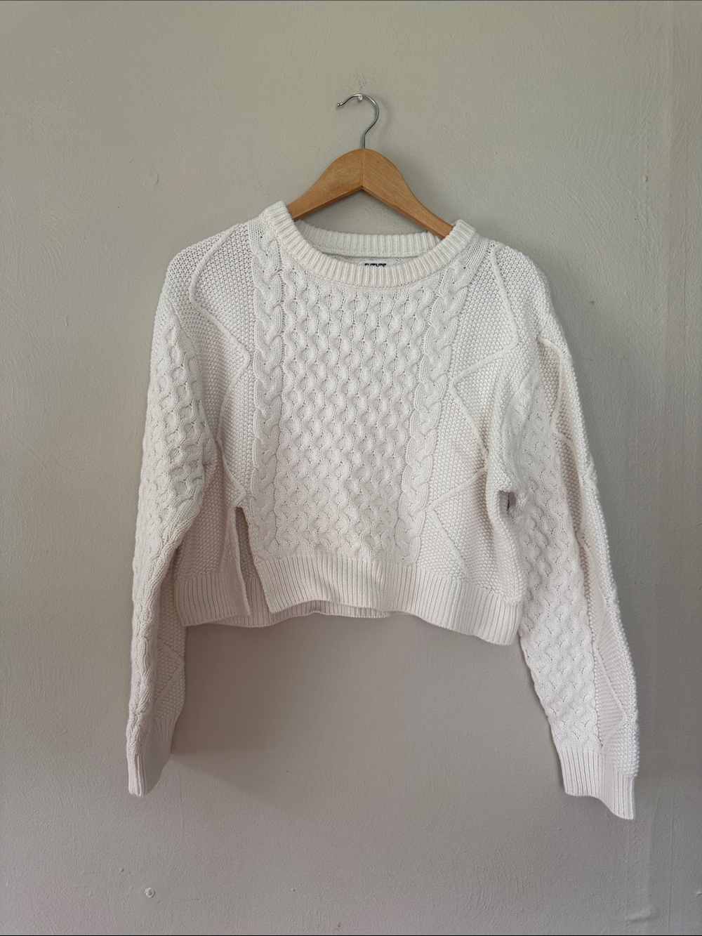 Cropped White Cable-Knit Crewneck Sweater large